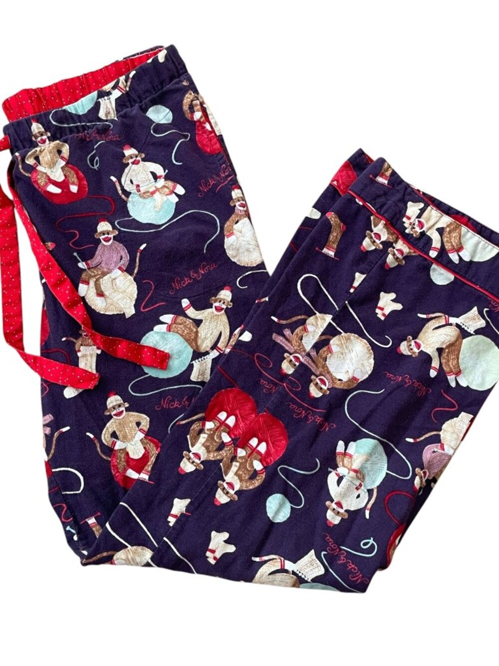 Nick & Nora Flannel Pajama Pants Small S Purple Sock Monkey Balls of Yarn Lounge